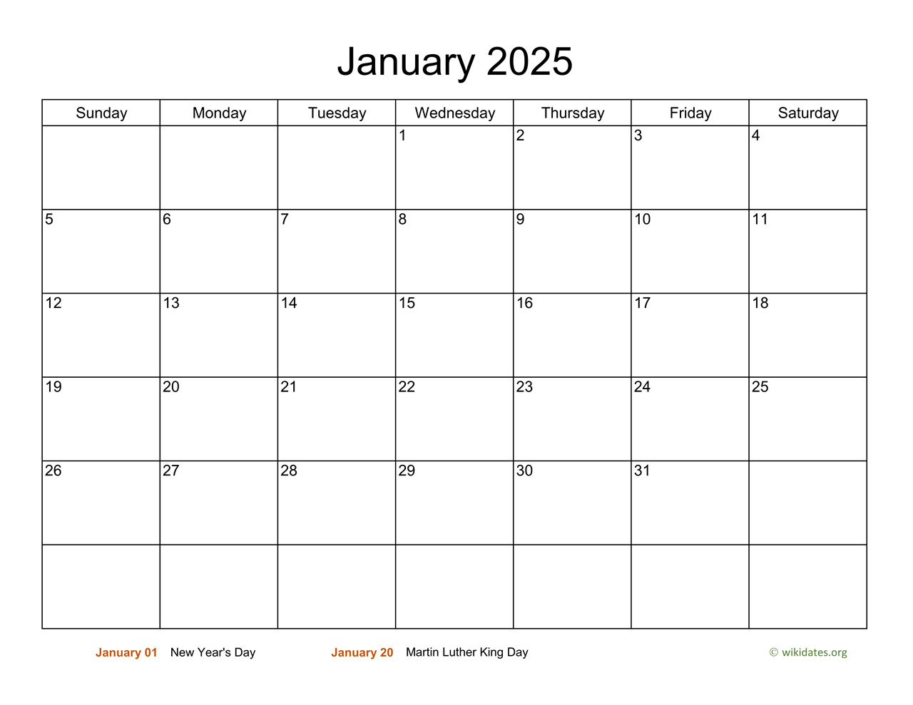 Basic Calendar for January 2025  WikiDates.org