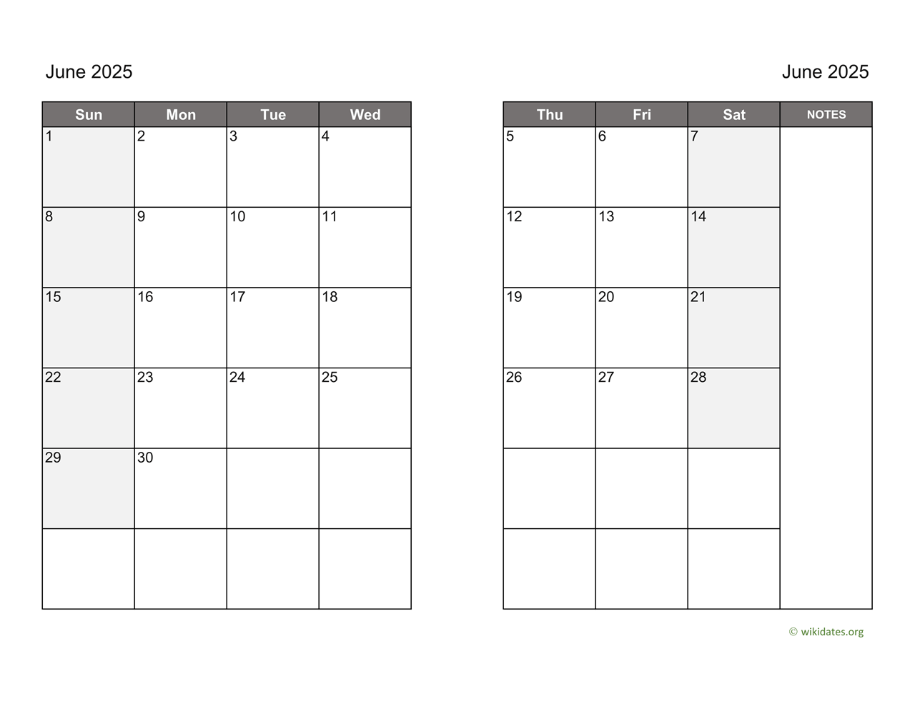 June 2025 Calendar on two pages WikiDates org