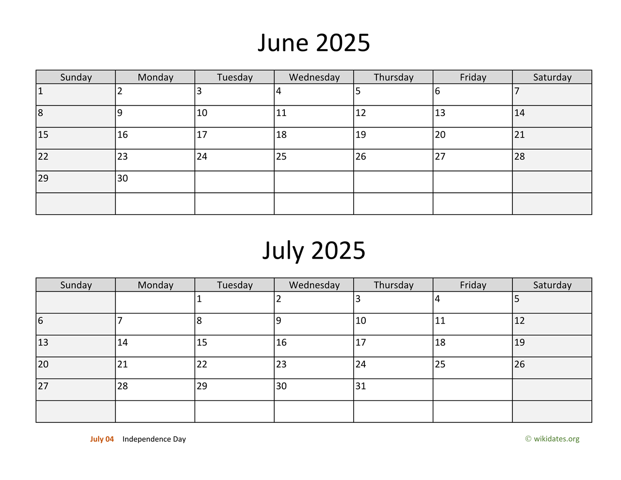 June and July 2025 Calendar  WikiDates.org