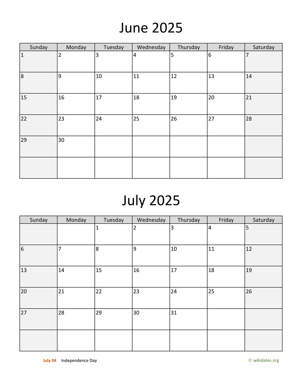 June And July 2025 Calendar Printable Word 