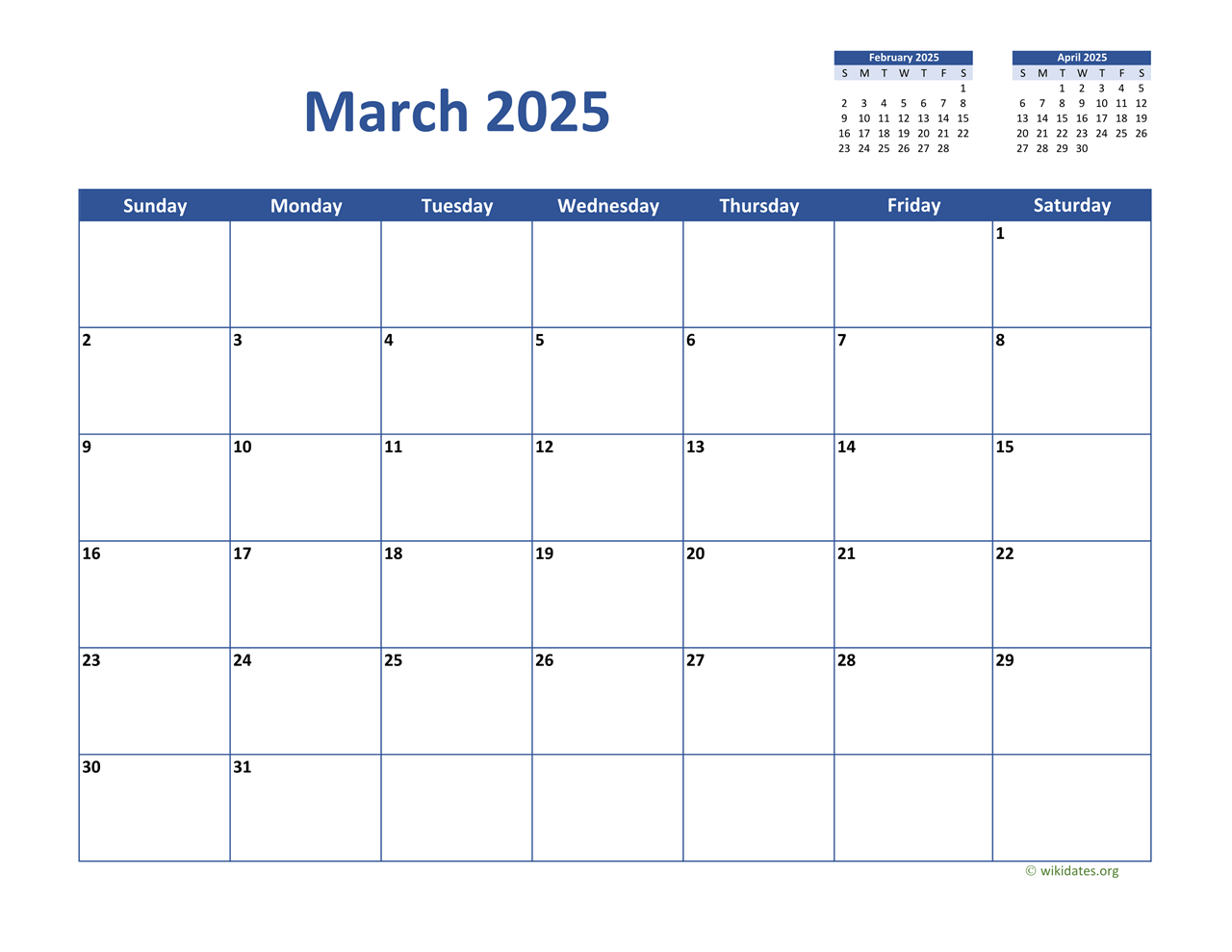 March 2025 Calendar Classic WikiDates org