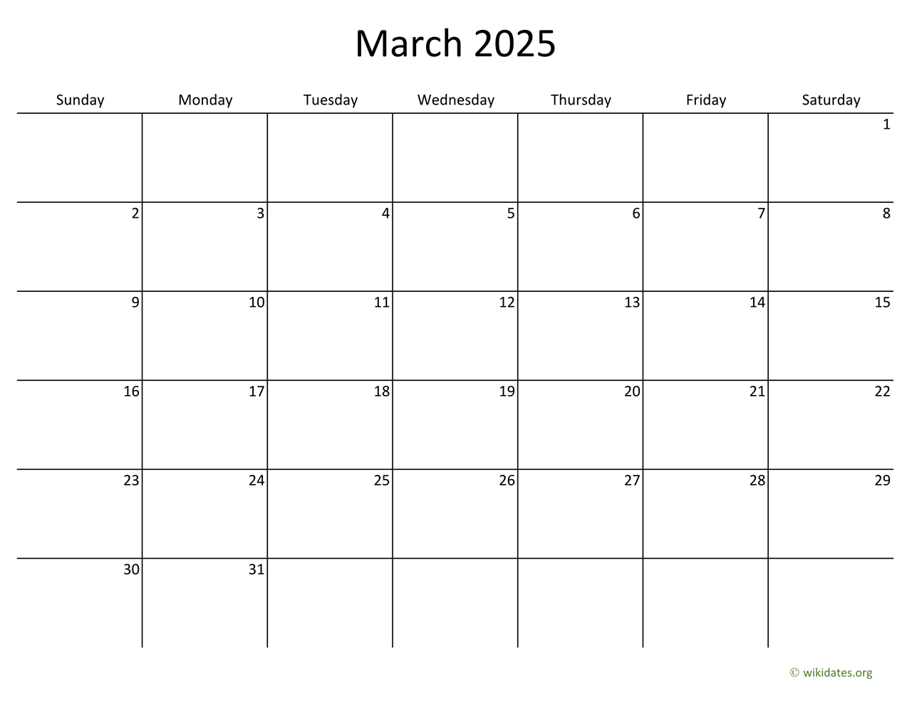 March 2025 Calendar with Bigger boxes  WikiDates.org