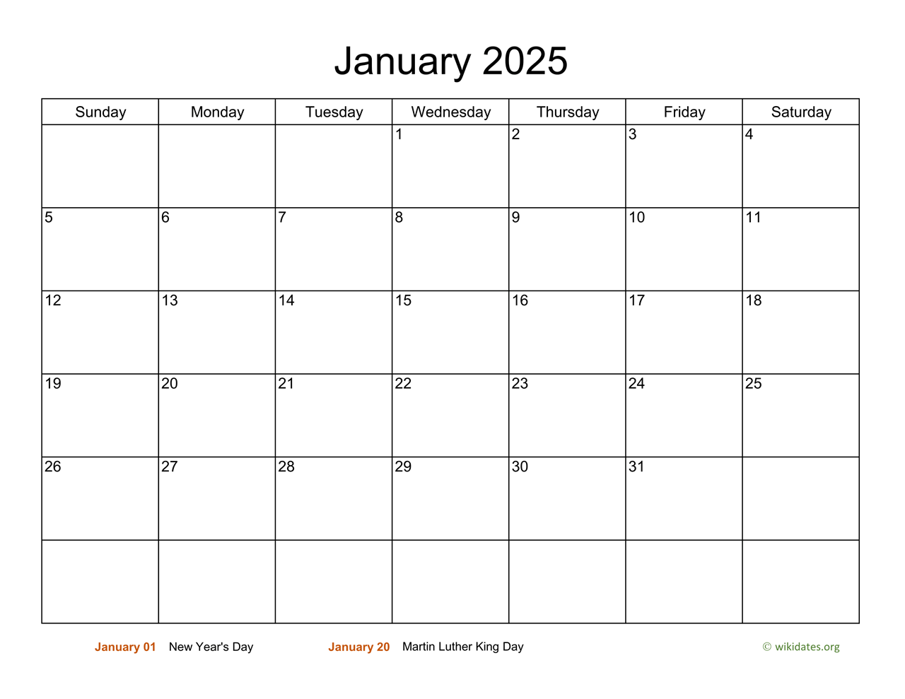 Monthly Basic Calendar For 2025 WikiDates