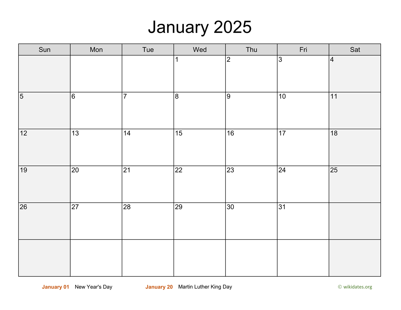 Monthly 2025 Calendar With Weekend Shaded WikiDates