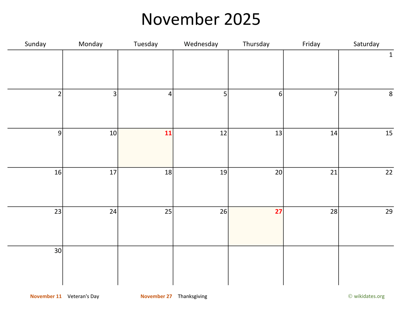 November 2025 Calendar with Bigger boxes