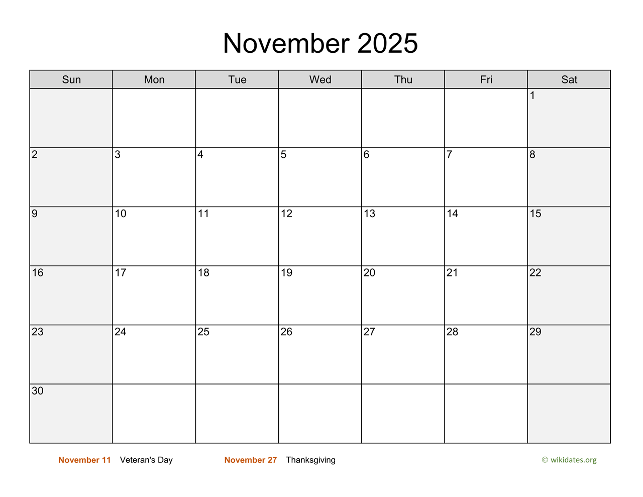 November 2025 Calendar With Weekend Shaded WikiDates