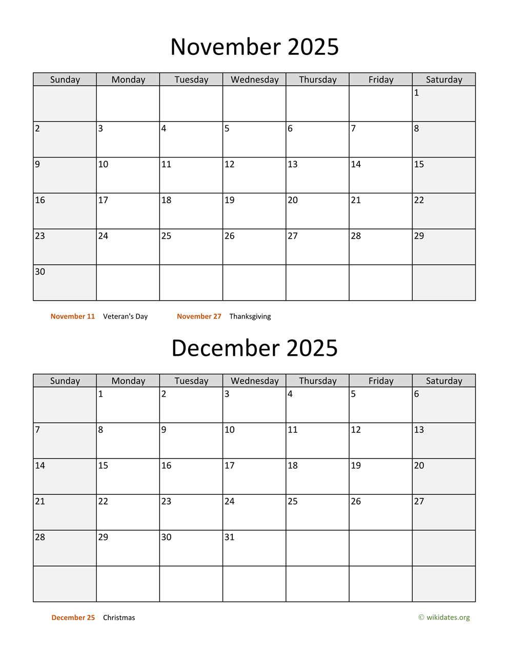 November and December 2025 Calendar