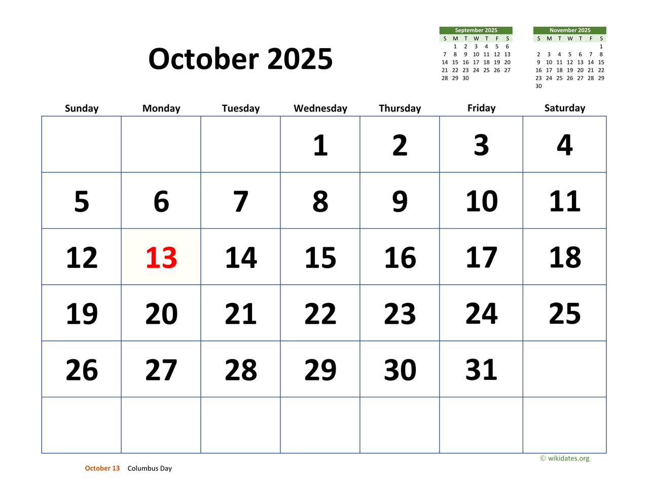 October 2025 Calendar with Extra-large Dates  WikiDates.org