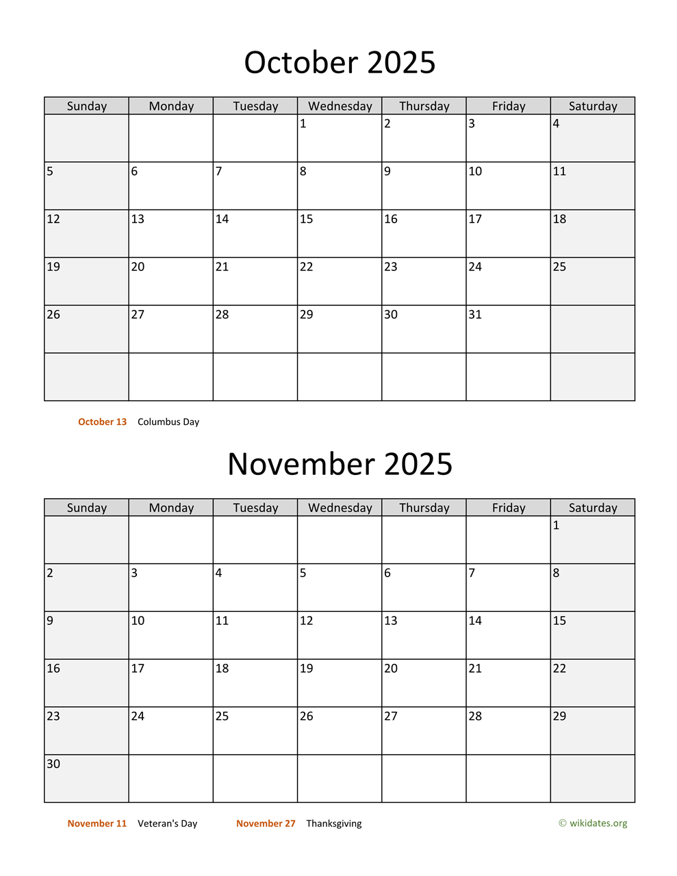 October and November 2025 Calendar  WikiDates.org