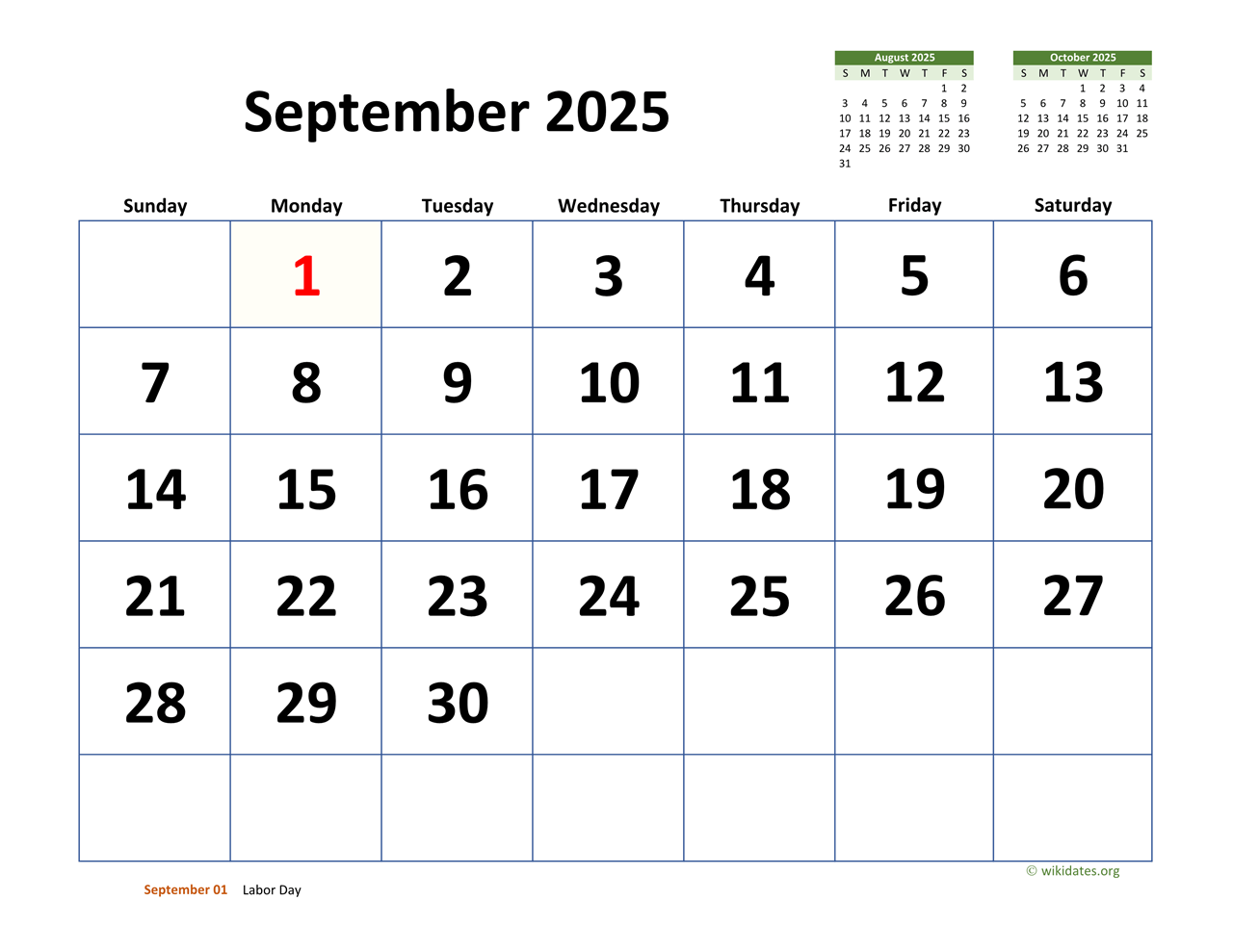 September 2025 Calendar with Extra-large Dates  WikiDates.org