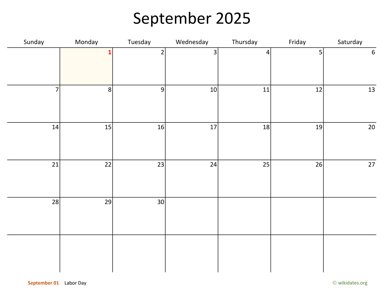 September 2025 Calendar With Bigger Boxes WikiDates