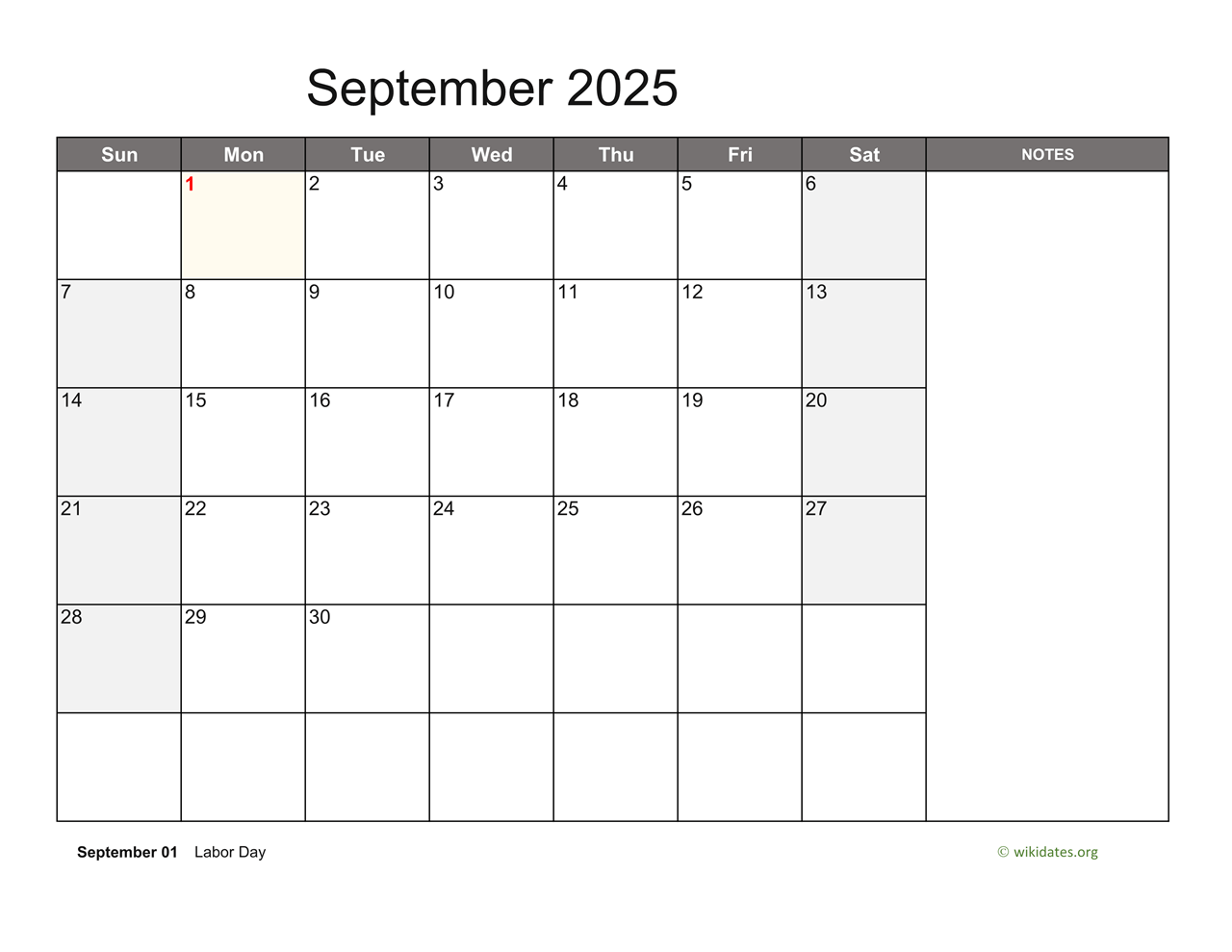 September 2025 Calendar With Notes WikiDates