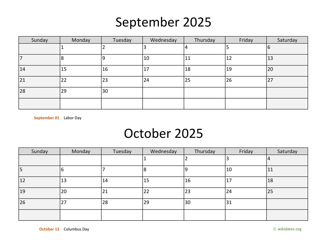 September and October 2025 Calendar  WikiDates.org