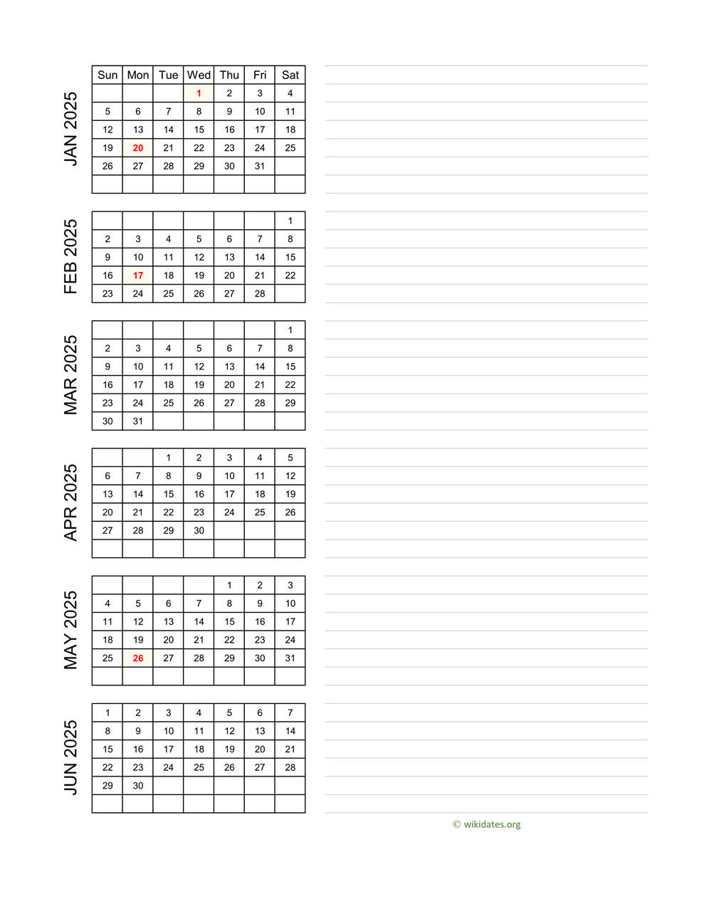 6 Month Calendar Excel Template 2025 