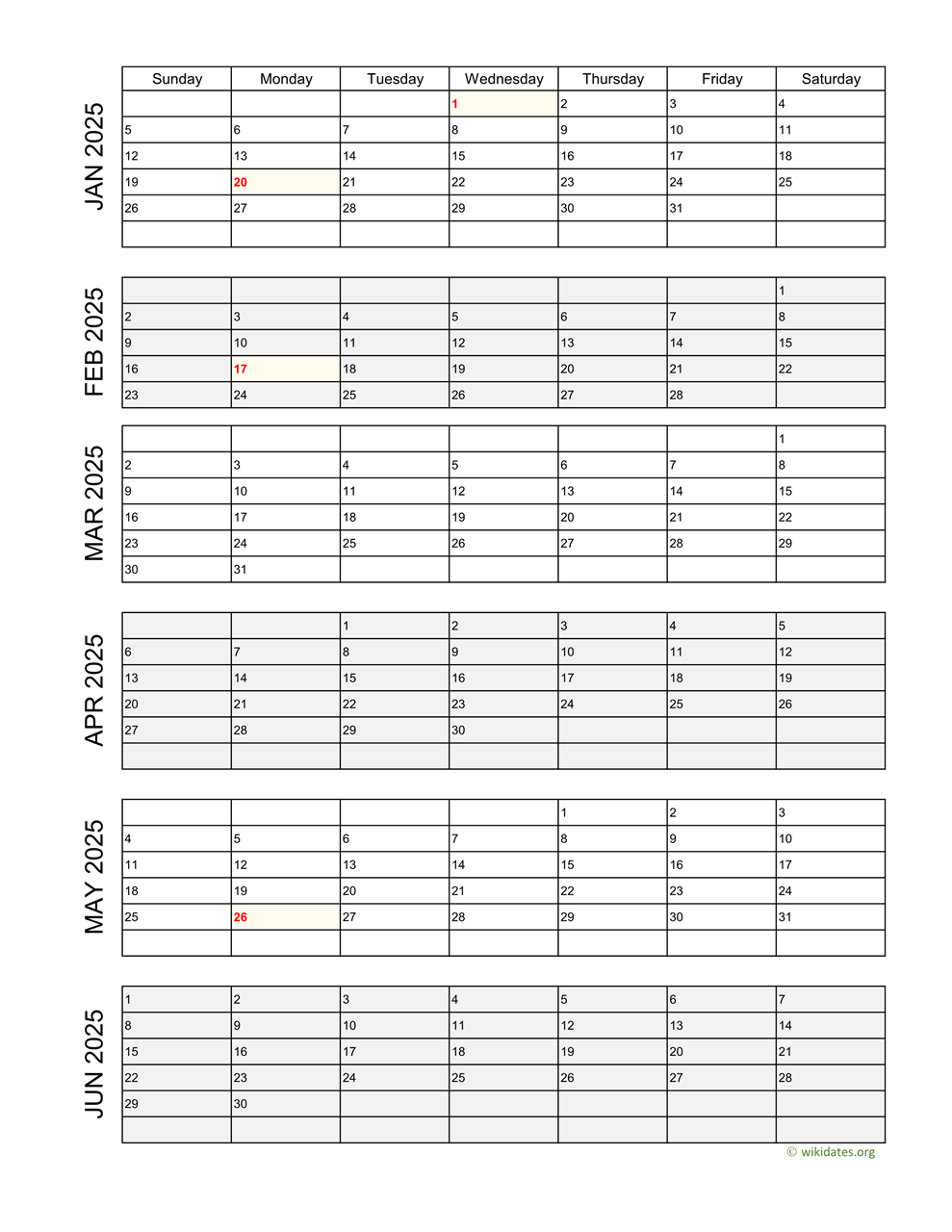 Free Printable Vertical Monthly Calendar 2025 