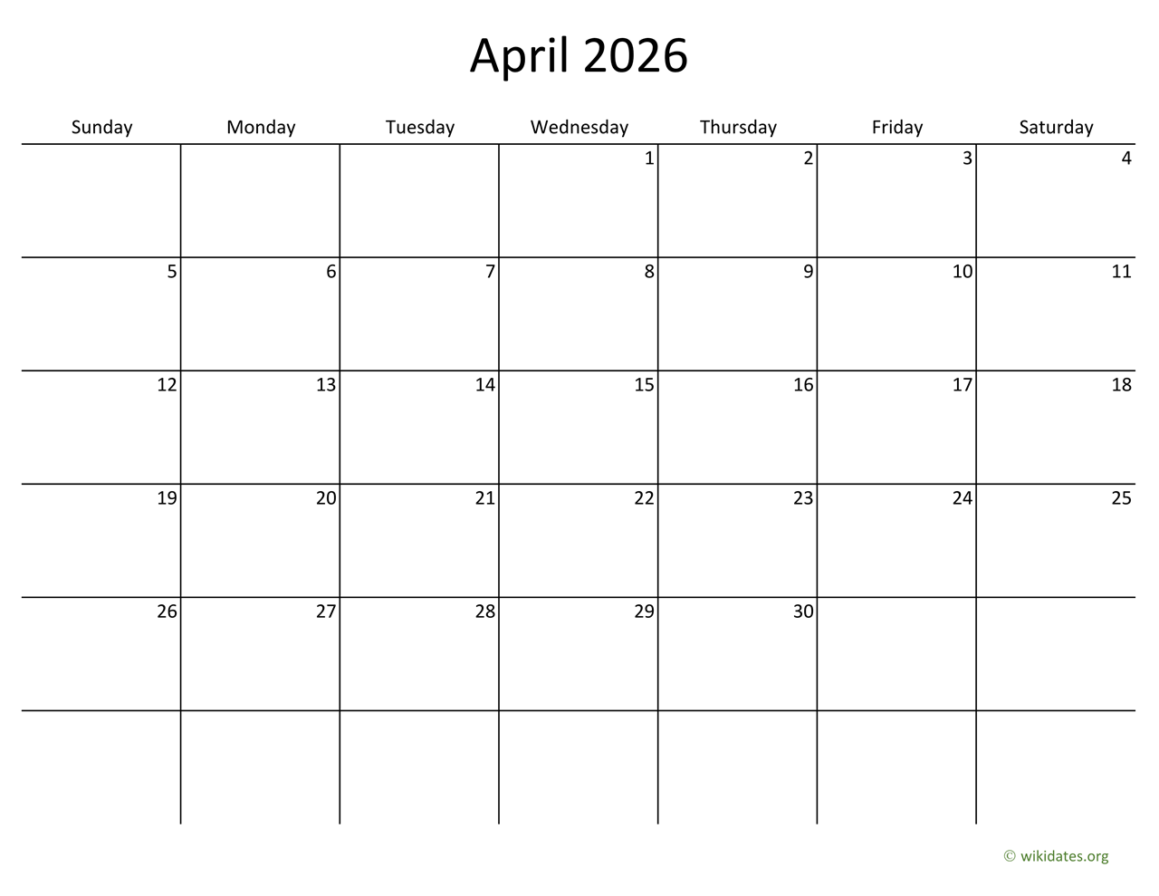 April 2026 Calendar with Bigger boxes WikiDates org