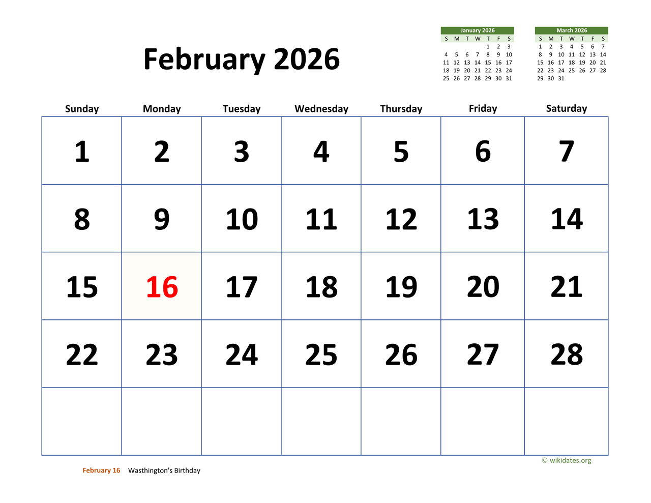 February 2026 Calendar with Extra-large Dates | WikiDates.org