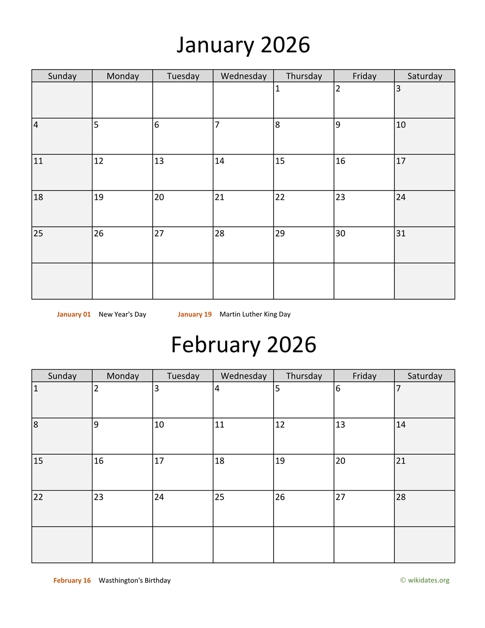 January and February 2026 Calendar WikiDates org