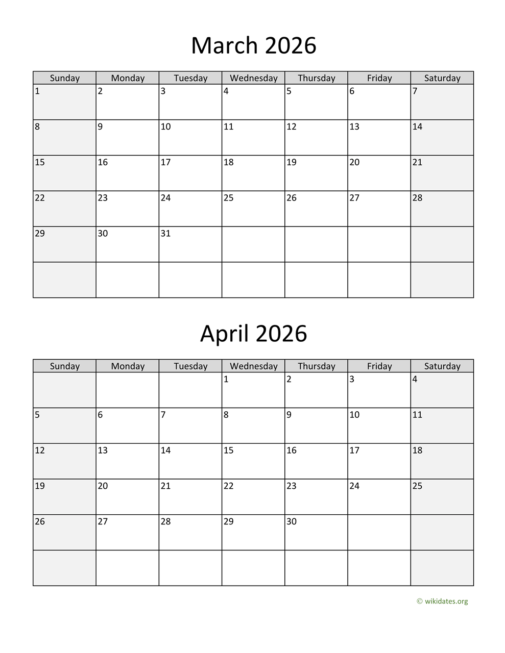 March and April 2026 Calendar WikiDates org
