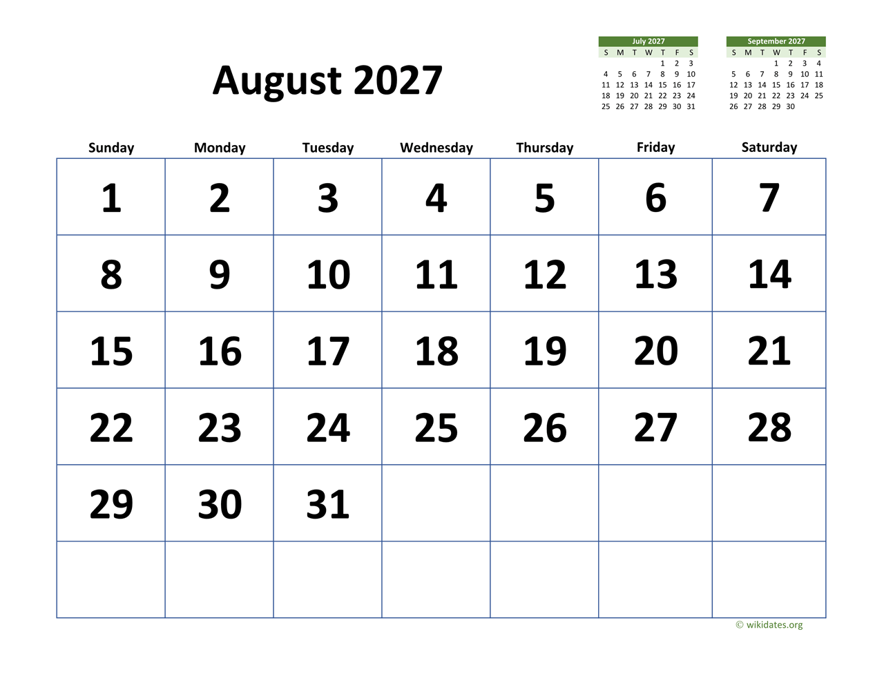 August 2027 Calendar with Extra large Dates WikiDates org