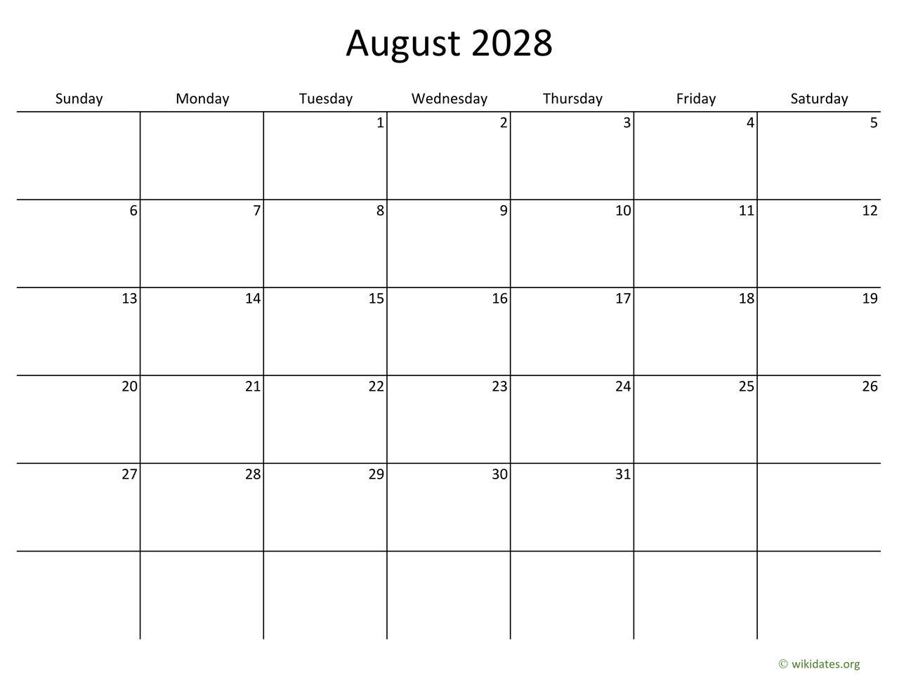 August 2028 Calendar With Bigger Boxes