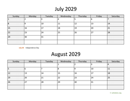 july and august 2029 calendar