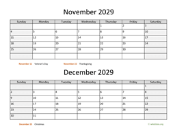 November and December 2029 Calendar