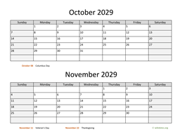 October and November 2029 Calendar