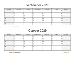 September and October 2029 Calendar