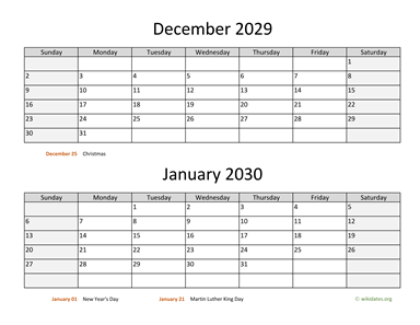 December 2029 and January 2030 Calendar Horizontal