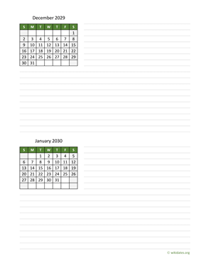 December 2029 and January 2030 Calendar with Notes