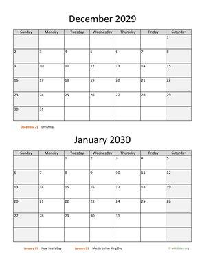 December 2029 and January 2030 Calendar Vertical