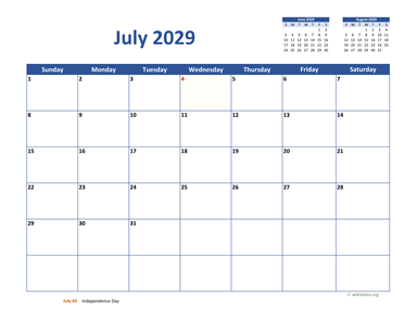 July 2029 Calendar Classic