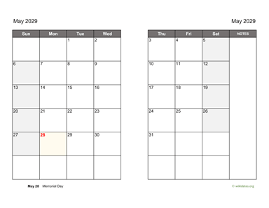 May 2029 Calendar on two pages