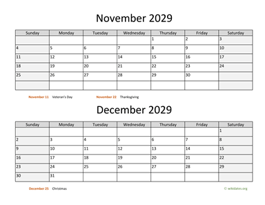 November and December 2029 Calendar Horizontal