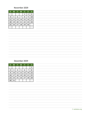 November and December 2029 Calendar with Notes