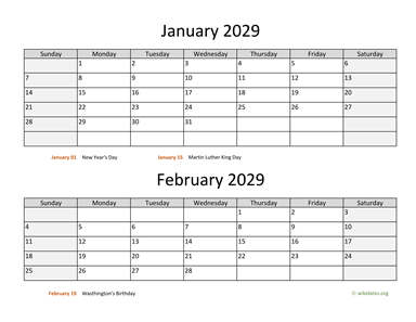 Two Months 2029 Calendar Horizontal