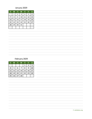 Two Months 2029 Calendar with Notes