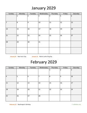 Two Months 2029 Calendar Vertical