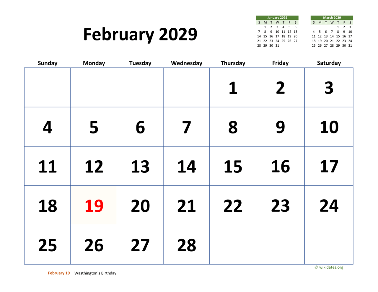 February 2029 Calendar with Extralarge Dates