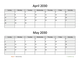 april and may 2030 calendar