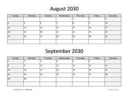 august and september 2030 calendar