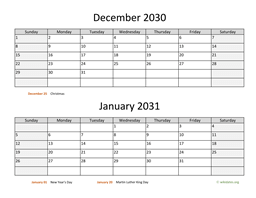 December 2030 and January 2031 Calendar
