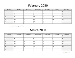 february and march 2030 calendar