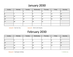 january and february 2030 calendar