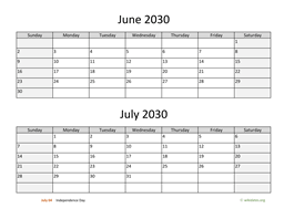 june and july 2030 calendar