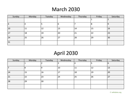 march and april 2030 calendar