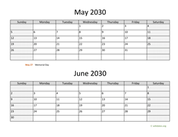 may and june 2030 calendar