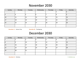 november and december 2030 calendar