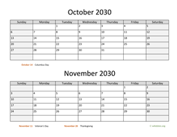 october and november 2030 calendar